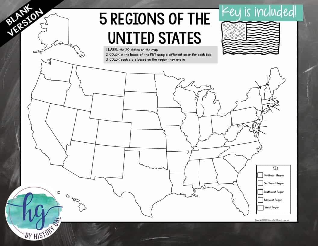 Printable Worksheets USA 5 Regions Map