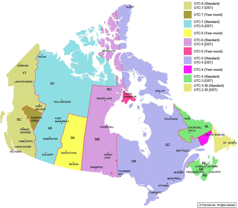 Printable Canada Map And Time Zones