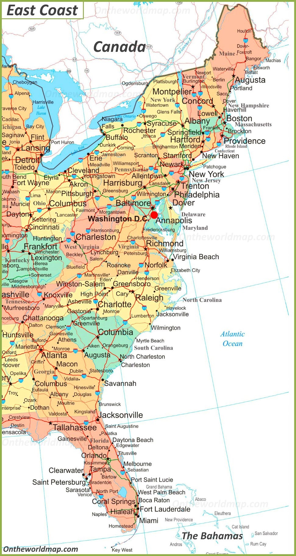 Printable Map USA East Coast