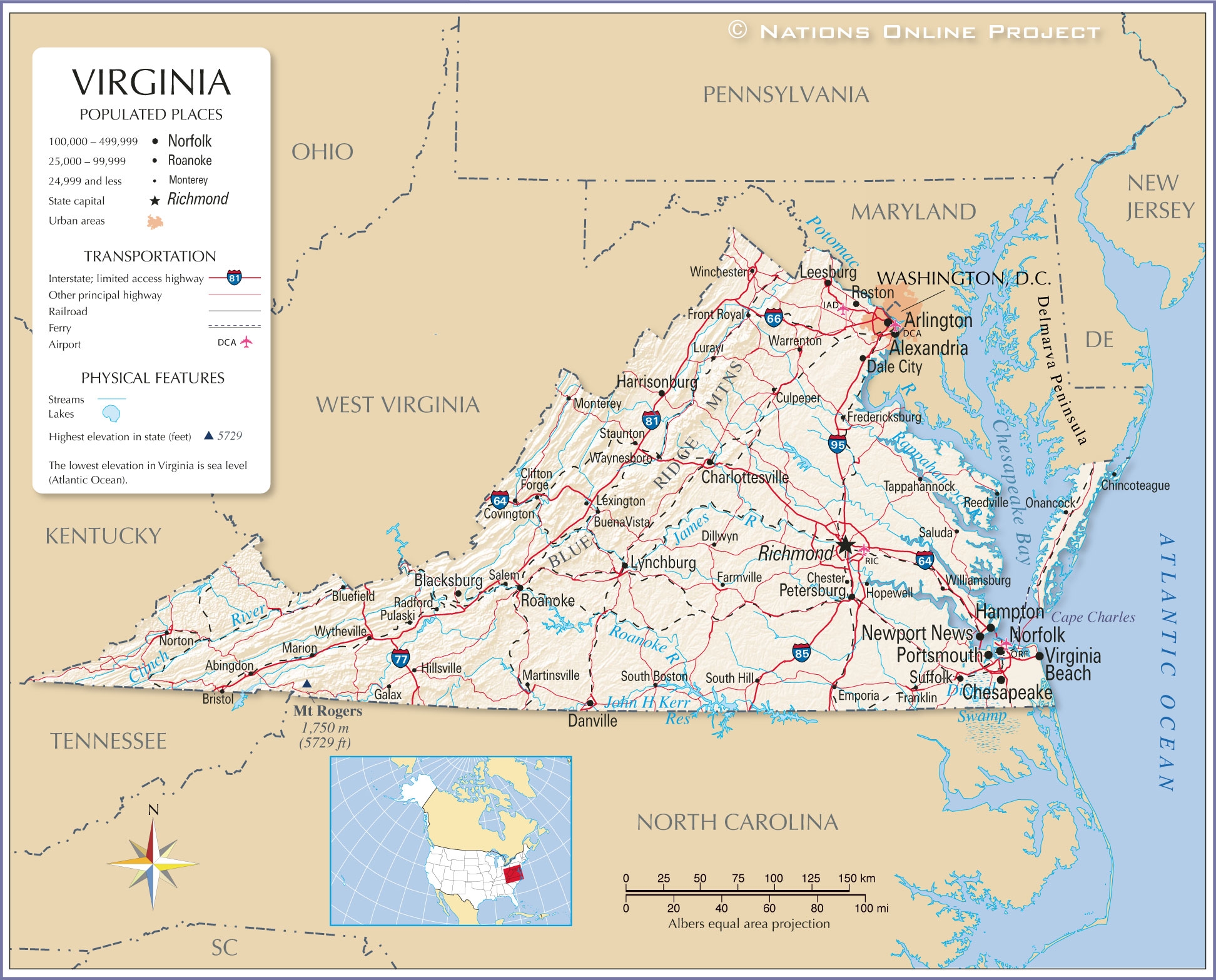 Printable Virginia Map With Surrounding States