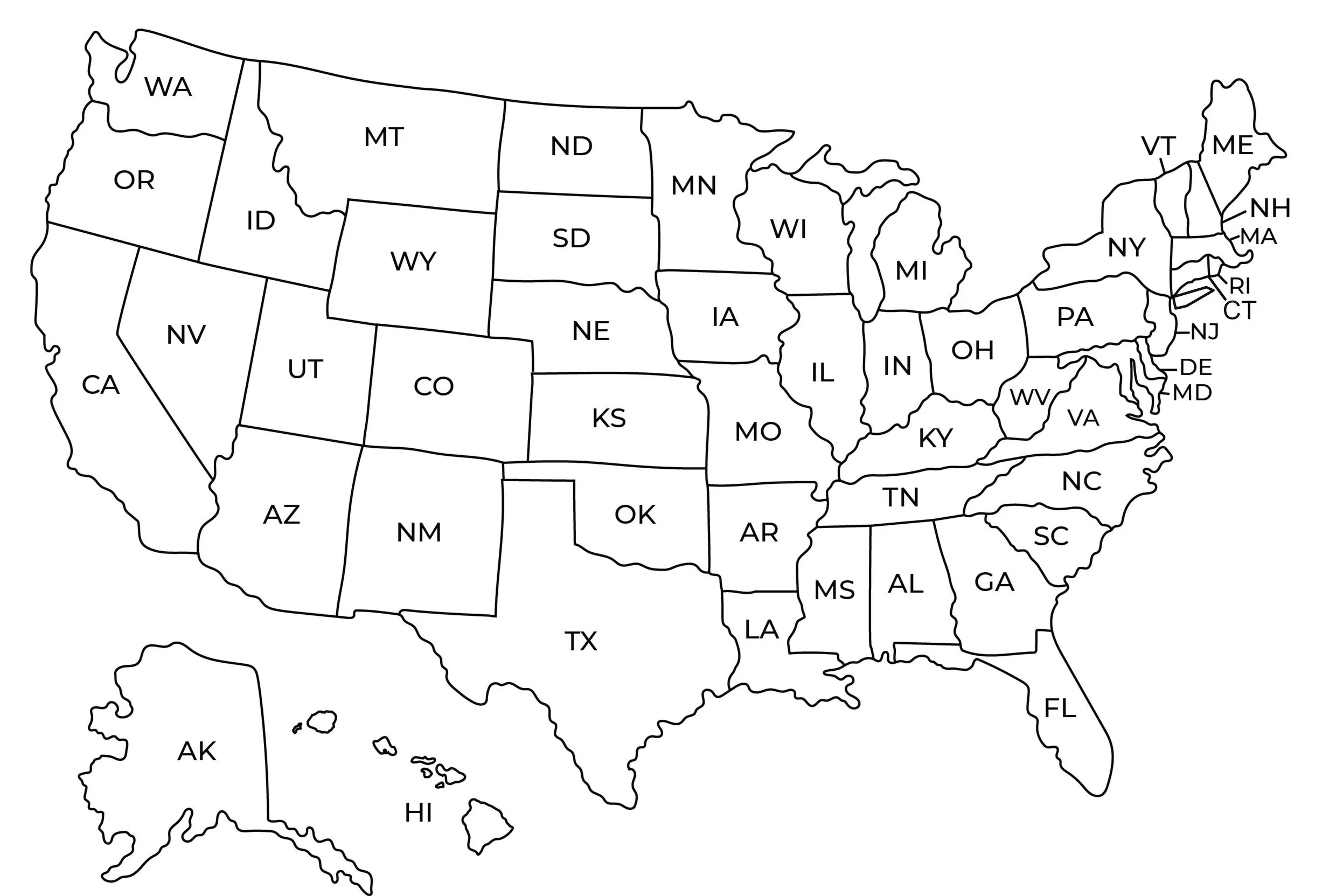 USA Map Black And White Printable