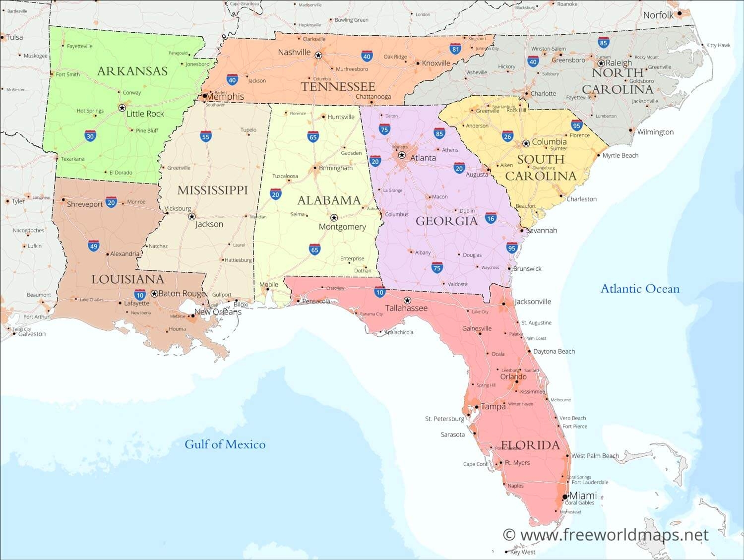 Southeast USA Printable Map