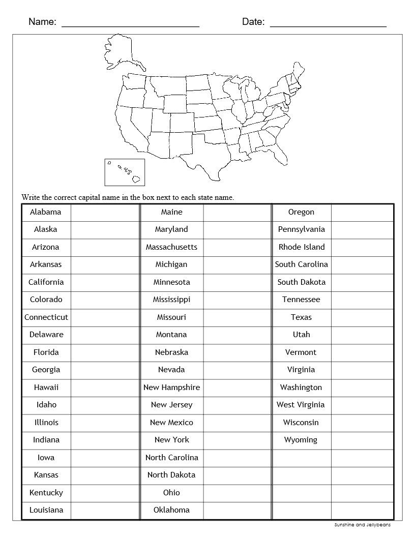 United States Capitals Map Quiz Printable