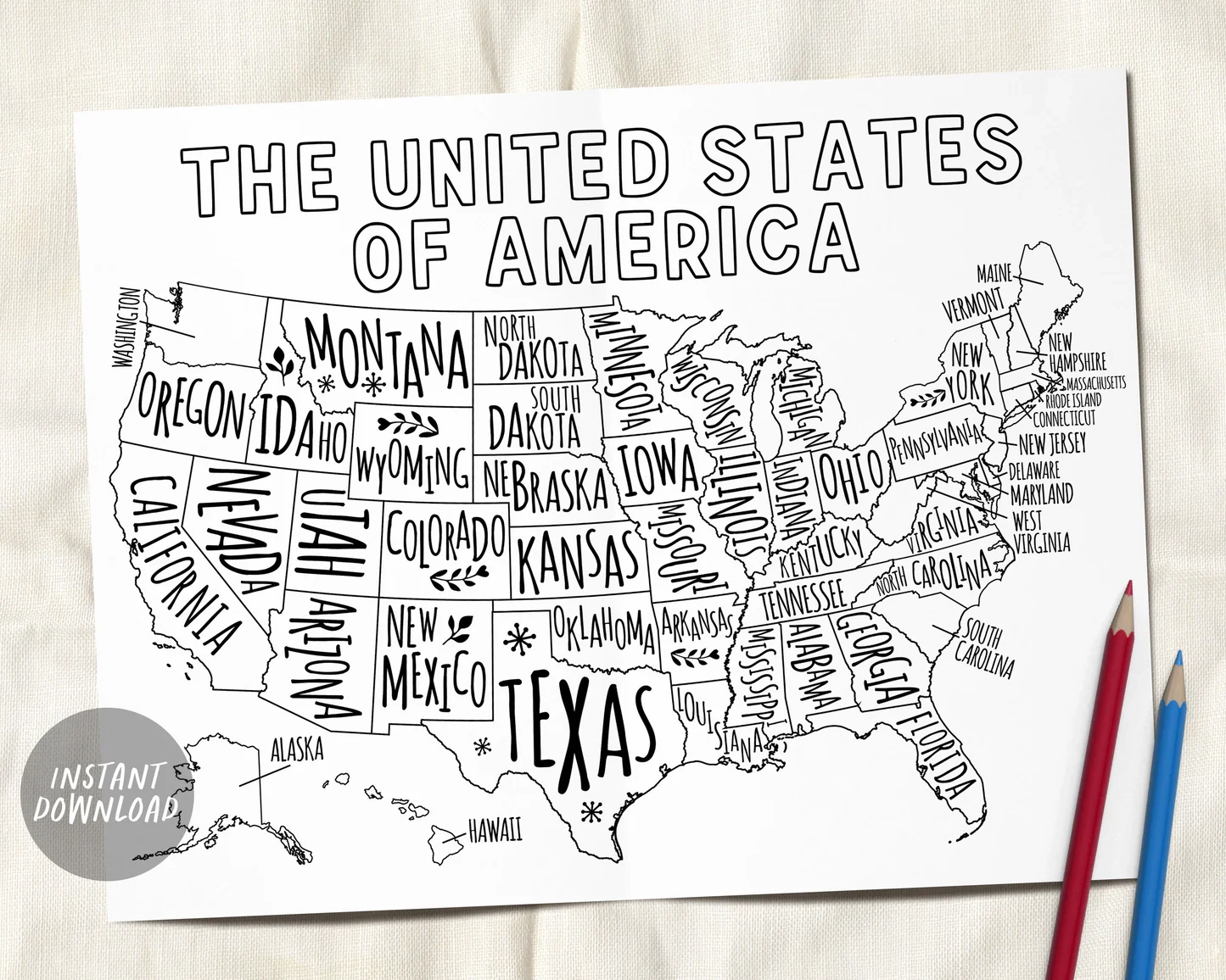 USA Map Coloring Page Printable