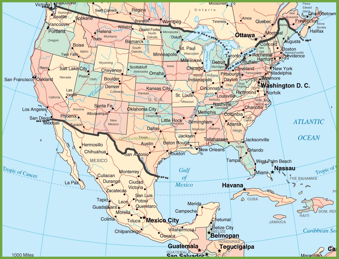 Mexico And USA Printable Map